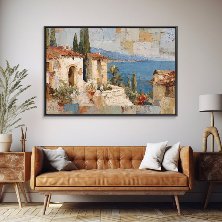 Mediterranean Arch Framing Blue Sea Framed Canvas Print, Italian Villa Art, Bedroom Wall Art, Living Room Decor, Villa, IVA-3x2-60