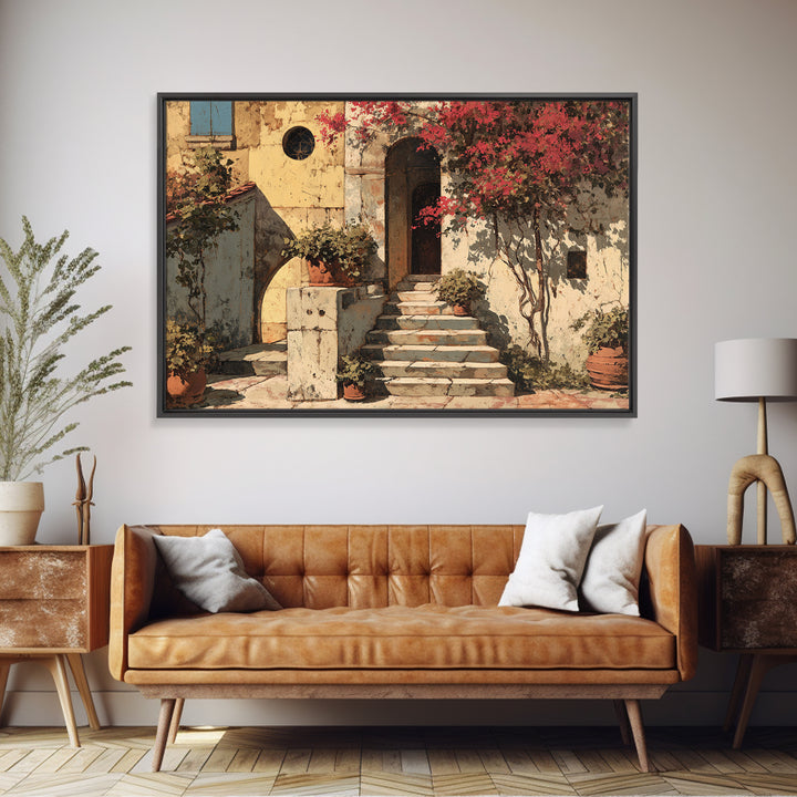 Sunlit Stone Stairway Framed Canvas Print, Italian Villa Art, Neutral Decor, Living Room Decor, Fine Art, Villa, IVA-3x2-63