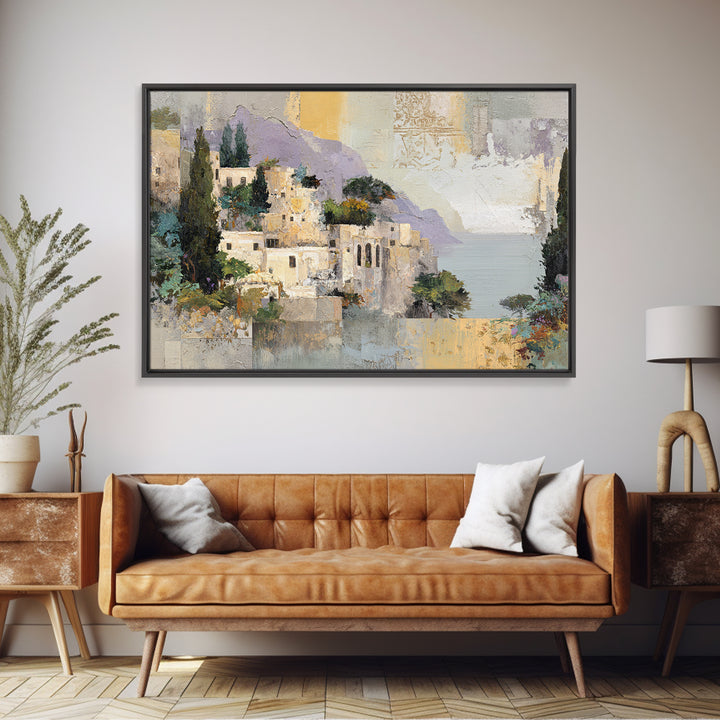 Amalfi Coast Cliffs Framed Canvas Print, Italian Villa Art, Printable Art, Living Room Decor, Watercolor Art, Villa, IVA-3x2-65