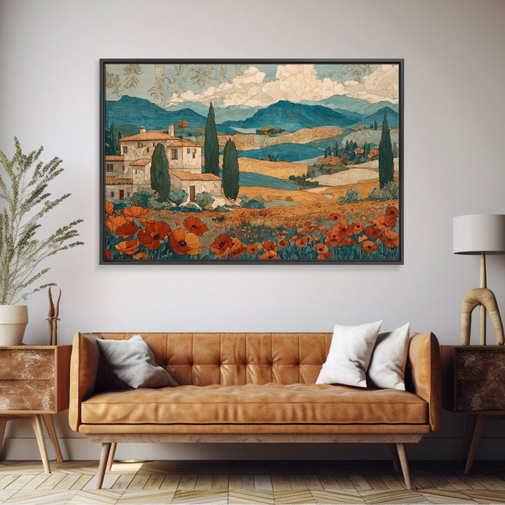 Tuscan Poppy Field Canvas Print, Italian Villa Art, Landscape Art, Living Room Decor, Watercolor Art, Villa, IVA-3x2-67