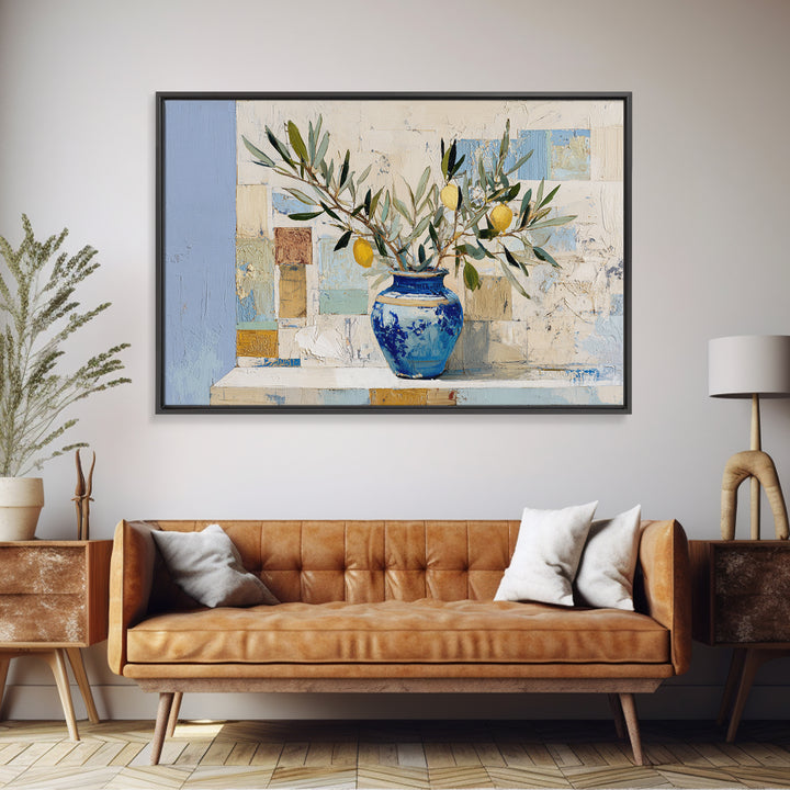 Lemon Branch in Blue Ceramic Vase Framed Canvas Print, Italian Villa Art, Bedroom Wall Art, Living Room Decor, Watercolor Art, IVA-3x2-78