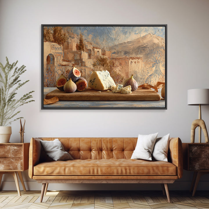 Figs and Cheese on Rustic Wooden Board Framed Canvas Print, Italian Villa Art, Bedroom Wall Decor, Living Room Decor, Villa, IVA-3x2-85