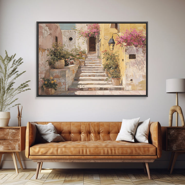 Sunlit Stone Stairway Framed Canvas Print, Italian Villa Art, Bedroom Wall Art, Living Room Decor, Villa, Travel Poster, IVA-3x2-87