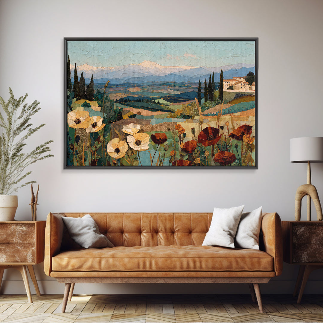 Tuscan Poppy Field Framed Canvas Print, Italian Villa Art, Travel Poster, Living Room Decor, Oil Painting, Villa, IVA-3x2-91