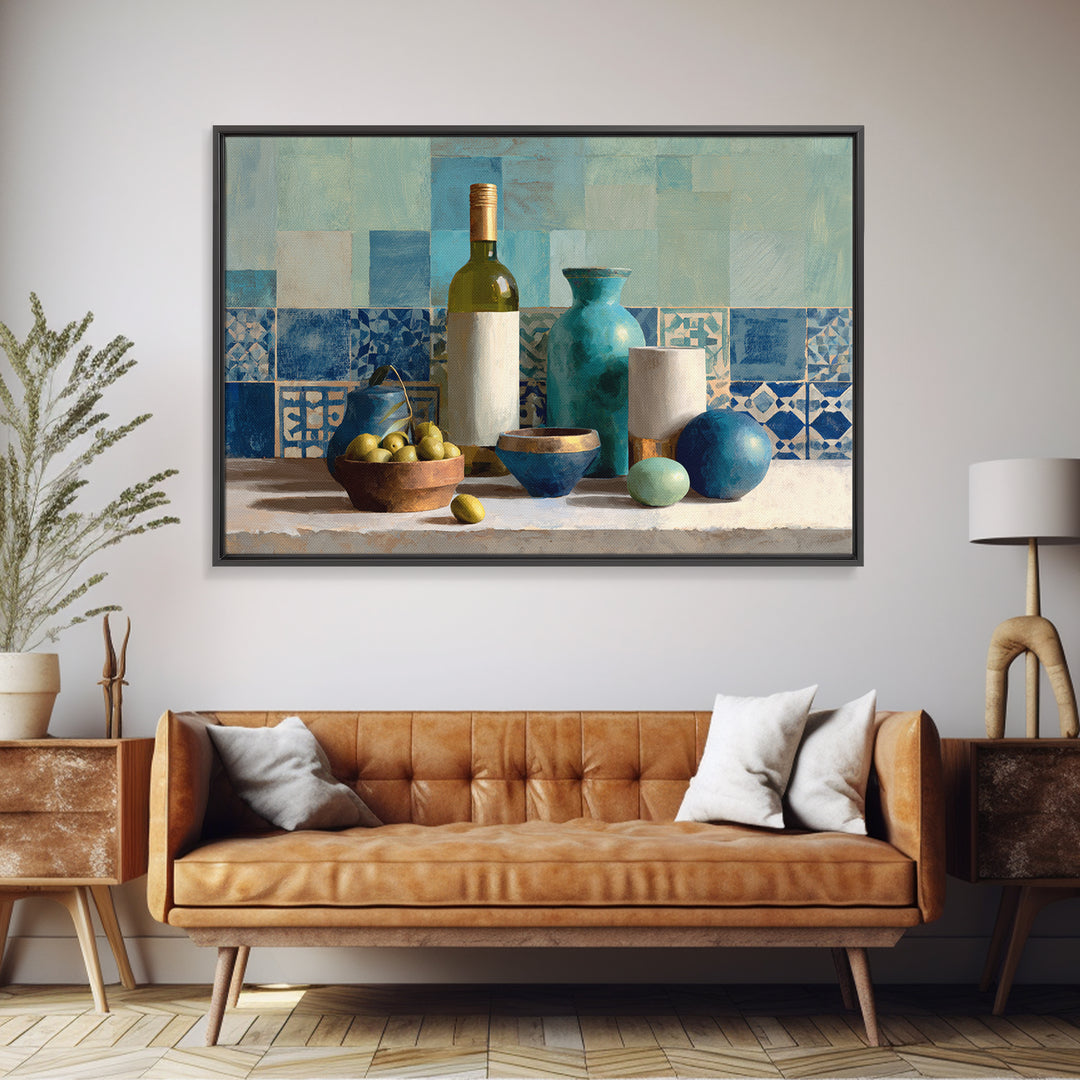 White Wine and Olives Still Life Framed Canvas Print, Italian Villa Art, Colorful Wall Art, Living Room Decor, Fine Art, Villa, IVA-3x2-92