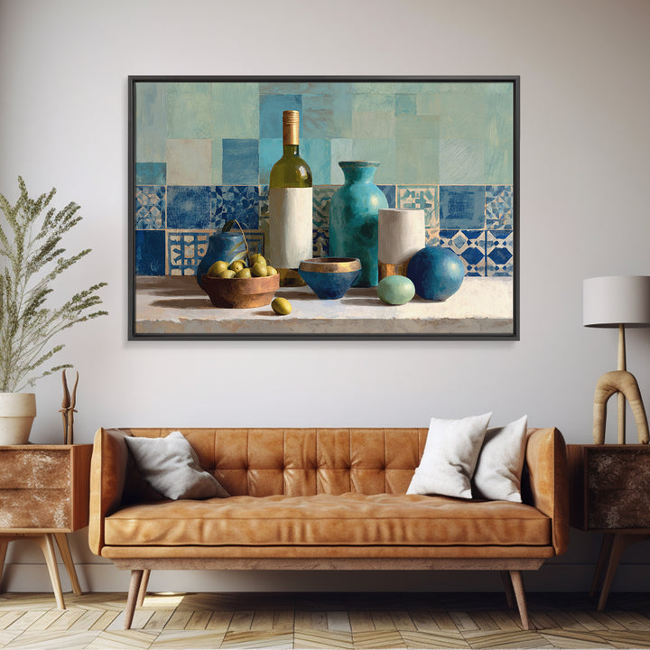 White Wine and Olives Still Life Framed Canvas Print, Italian Villa Art, Colorful Wall Art, Living Room Decor, Fine Art, Villa, IVA-3x2-92