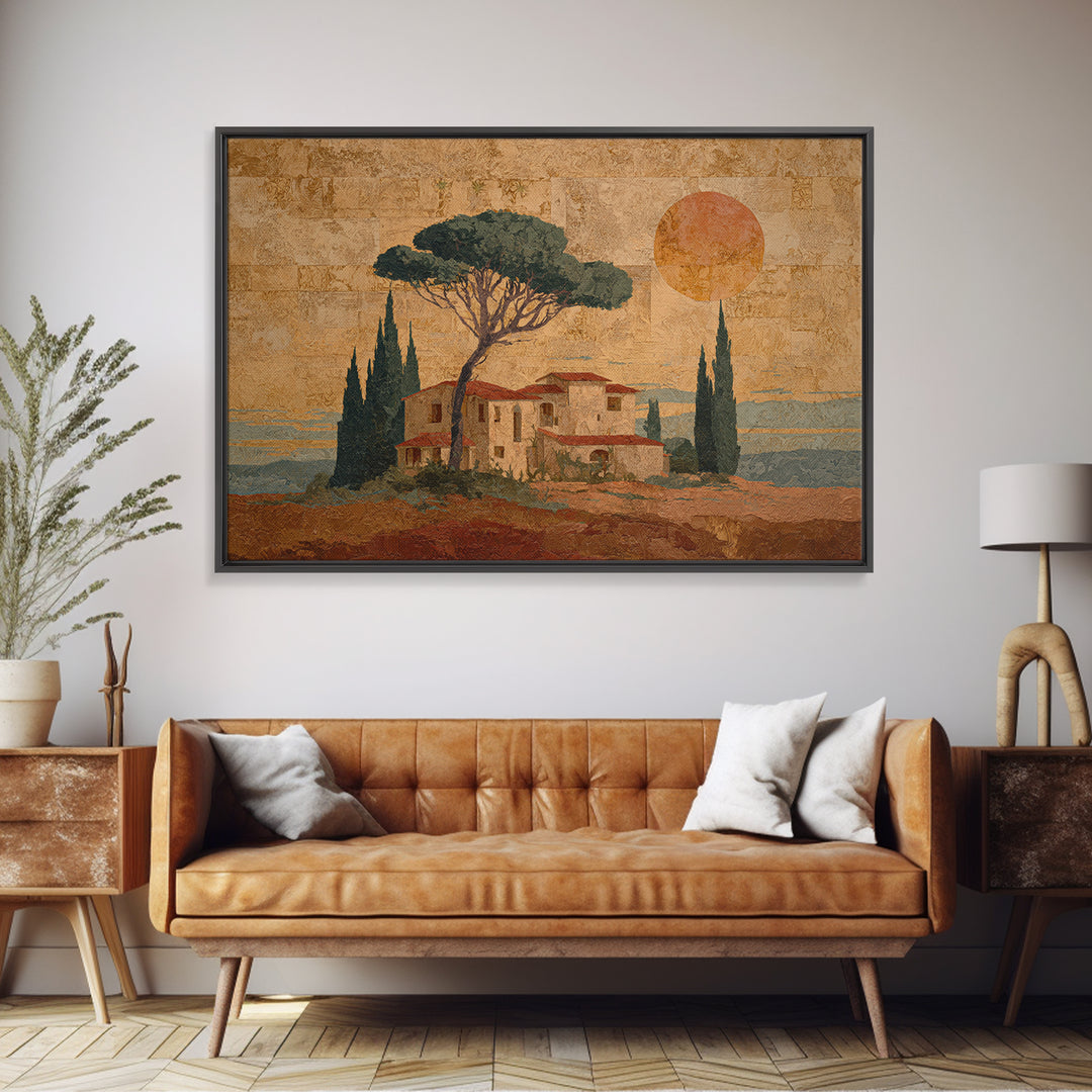 Cypress Silhouette at Sunset Framed Canvas Print, Italian Villa Art, Landscape Painting, Living Room Decor, Watercolor Art, IVA-3x2-97