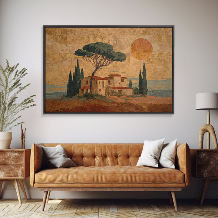 Cypress Silhouette at Sunset Framed Canvas Print, Italian Villa Art, Landscape Painting, Living Room Decor, Watercolor Art, IVA-3x2-97