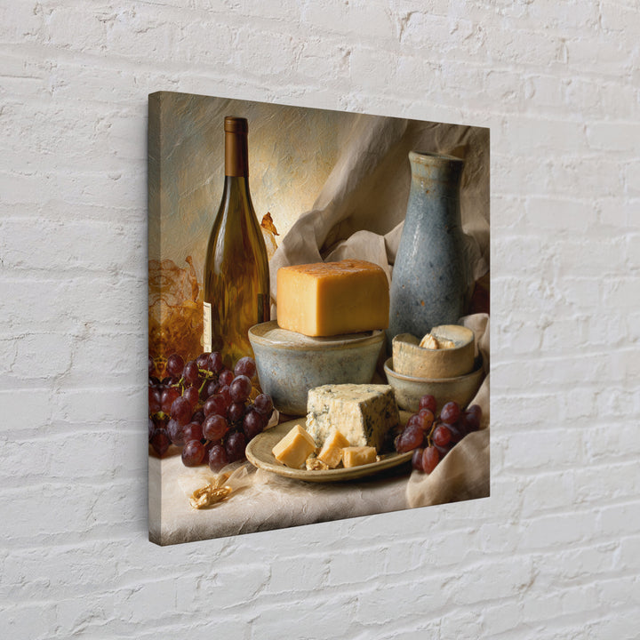 Wine Bottle Grapes and Cheese Still Life Framed Canvas Print, Kitchen Art, Kitchen, Kitchen Decor, Fine Art, Kitchen, KIT-1x1-12
