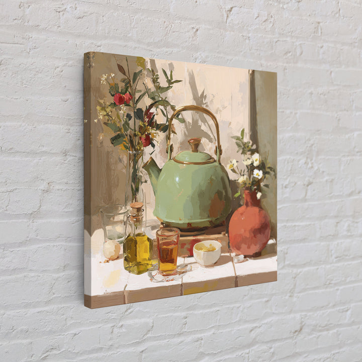 Tea Kettle with Steam and Wildflowers Canvas Print, Kitchen Art, Coffee Art, Kitchen Decor, Fine Art, Kitchen, Fine Art Print, KIT-1x1-14