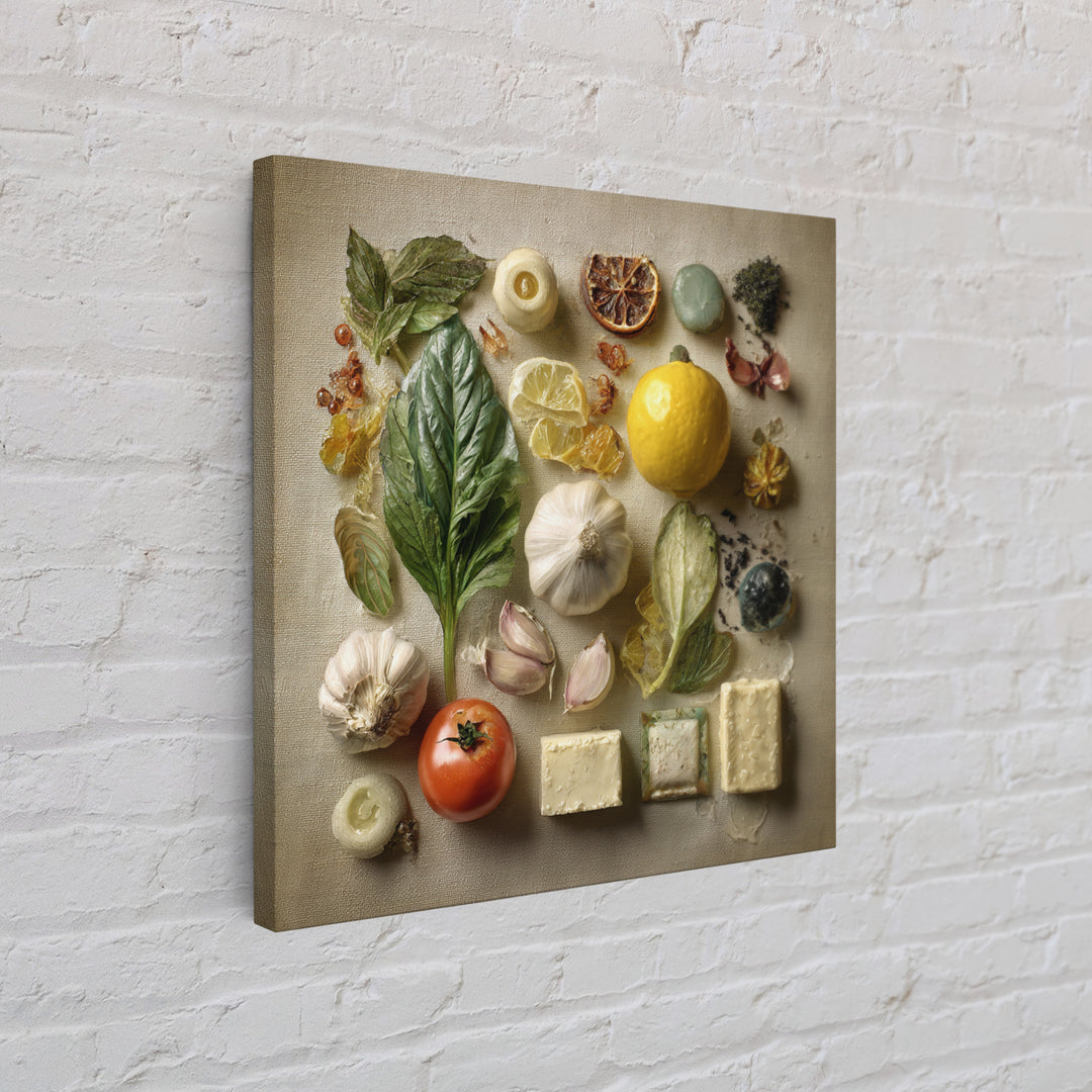 Tomatoes Garlic and Basil on Linen Canvas Print, Kitchen Art, Digital Wall Art, Kitchen Decor, Kitchen, Kitchen Prints, KIT-1x1-3