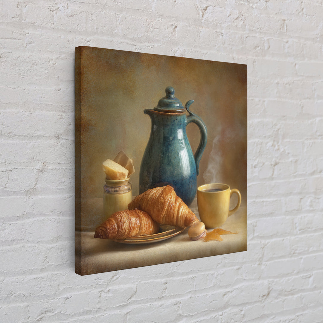 Coffee Pot and Croissant Morning Still Life Canvas Print, Kitchen Art, Kitchen Decor, Fine Art, Kitchen, Kitchen Art Print, KIT-1x1-31