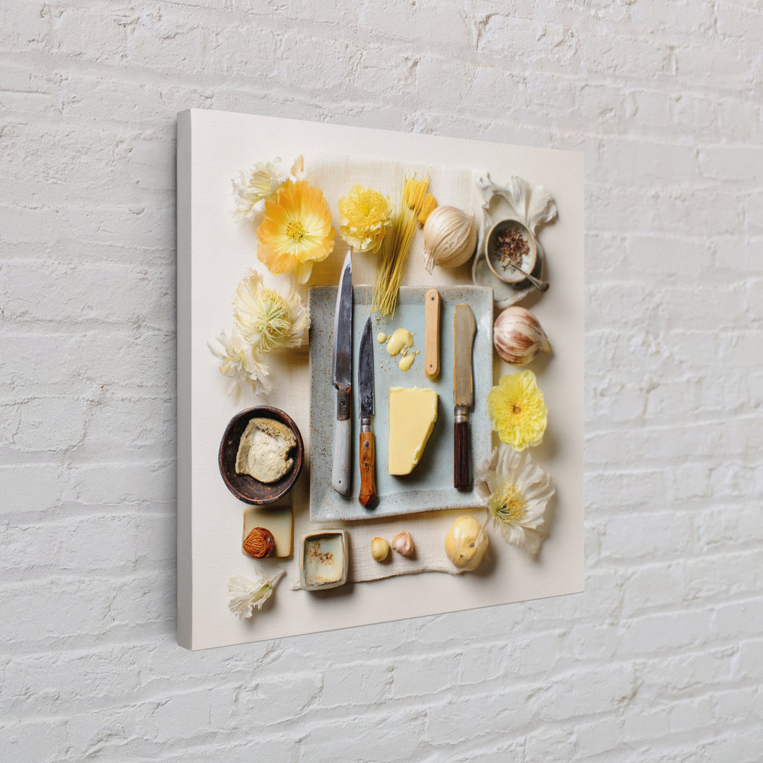 Chef Knives and Herbs Arranged as Graphic Framed Canvas Print, Kitchen Art, Kitchen Print, Kitchen Decor, Watercolor Art, KIT-1x1-34