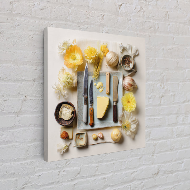 Chef Knives and Herbs Arranged as Graphic Framed Canvas Print, Kitchen Art, Kitchen Print, Kitchen Decor, Watercolor Art, KIT-1x1-34