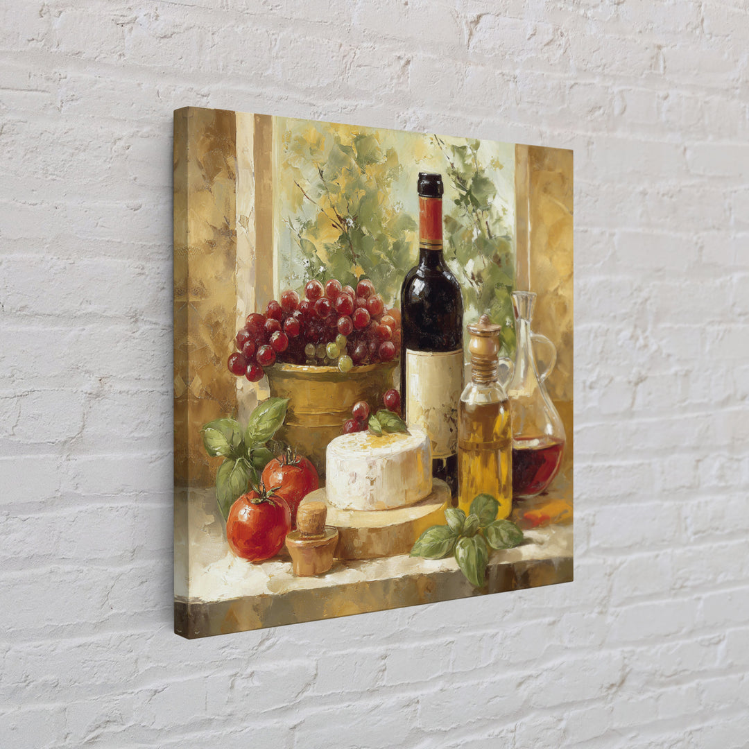 Wine Bottle Grapes and Cheese Still Life Canvas Print, Kitchen Art, Printable Wall Art, Kitchen Decor, Watercolor Art, Kitchen, KIT-1x1-36