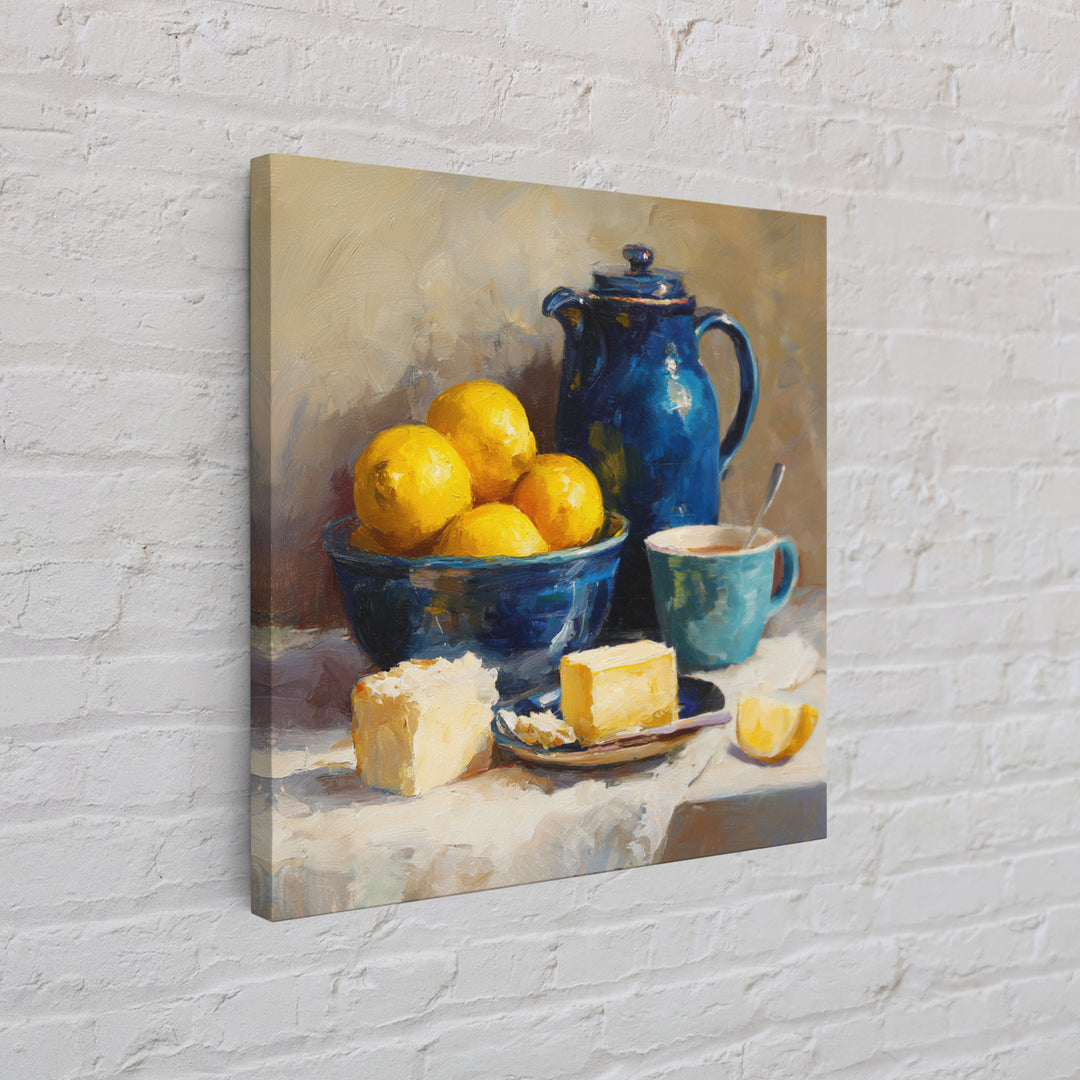 Lemons and Blue Ceramic Bowl Still Life Canvas Print, Kitchen Art, Trendy Wall Art, Kitchen Decor, Fine Art, Kitchen, KIT-1x1-50