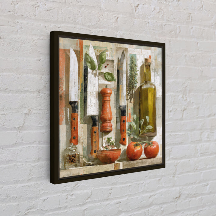 Chef Knives and Herbs Arranged as Graphic Framed Canvas Print, Kitchen Art, Kitchen Print, Kitchen Decor, Watercolor Art, KIT-1x1-58