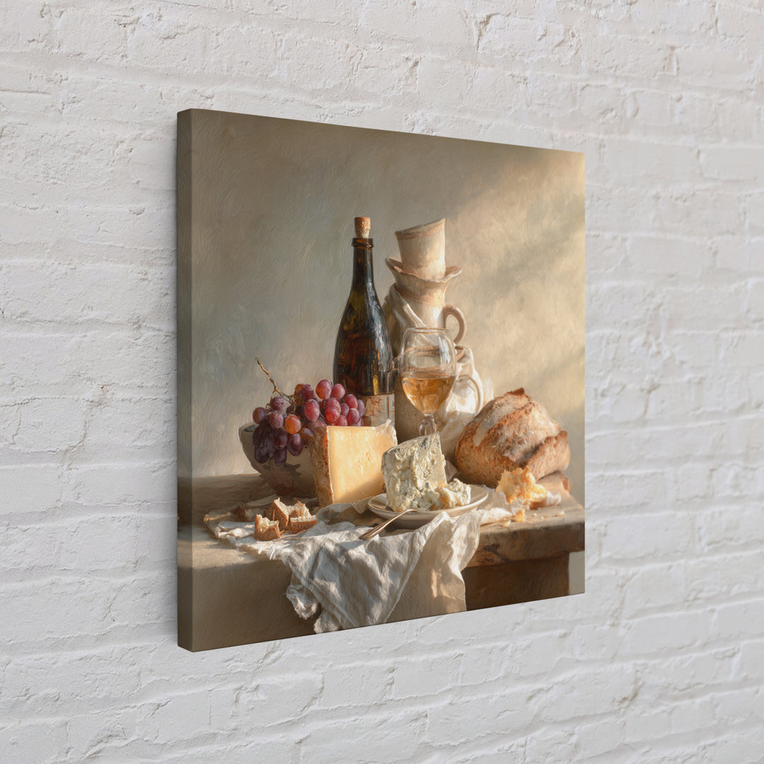 Wine Bottle Grapes and Cheese Still Life Canvas Print, Kitchen Art, Minimalist Wall Art, Kitchen Decor, Fine Art, Kitchen, KIT-1x1-60