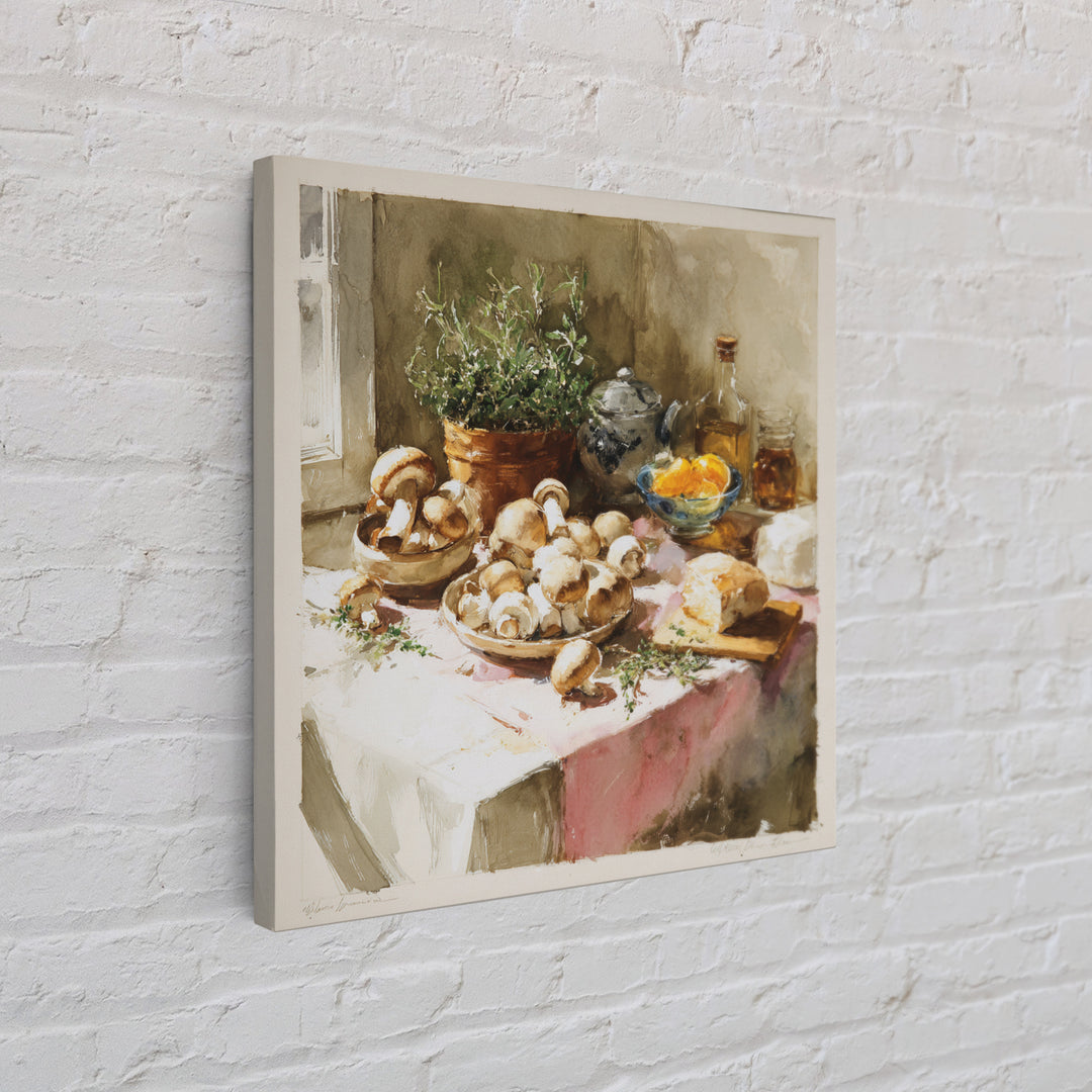 Mushrooms and Thyme Botanical Study Framed Canvas Print, Kitchen Art, Bar Cart Decor, Kitchen Decor, Oil Painting, Kitchen, KIT-1x1-63