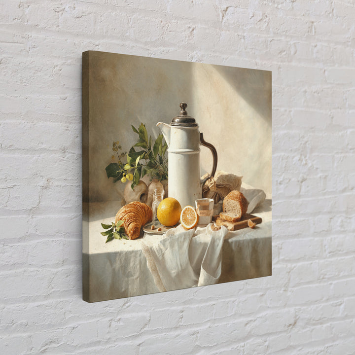 Coffee Pot and Croissant Morning Still Life Framed Canvas Print, Kitchen Art, Art Deco, Kitchen Decor, Fine Art, Kitchen, KIT-1x1-7