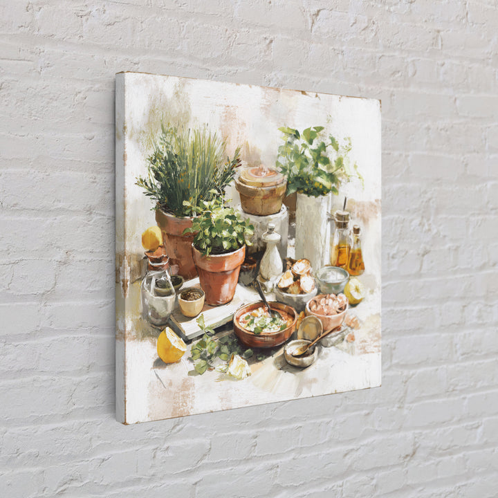 Fresh Herbs in Terracotta Pots Framed Canvas Print, Kitchen Art, Art Print, Kitchen Decor, Watercolor Art, Kitchen, Art Prints, KIT-1x1-73