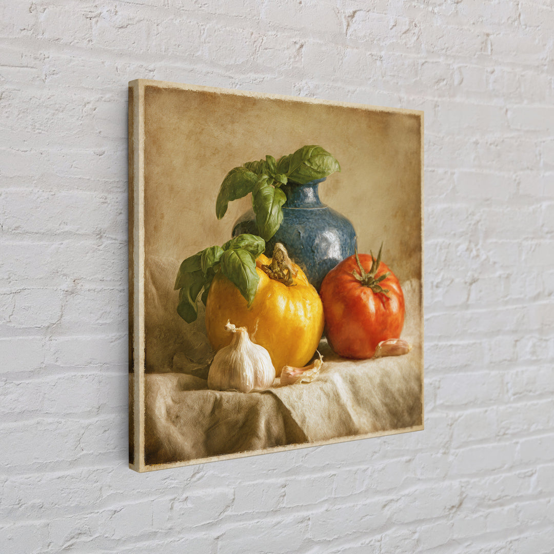 Tomatoes Garlic and Basil on Linen Canvas Print, Kitchen Art, Modern Decor, Kitchen Decor, Abstract Art, Kitchen, Home Decor, KIT-1x1-75