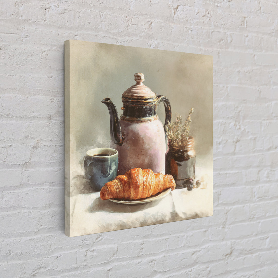 Coffee Pot and Croissant Morning Still Life Framed Canvas Print, Kitchen Art, Fine Art Print, Kitchen Decor, Oil Painting, KIT-1x1-79