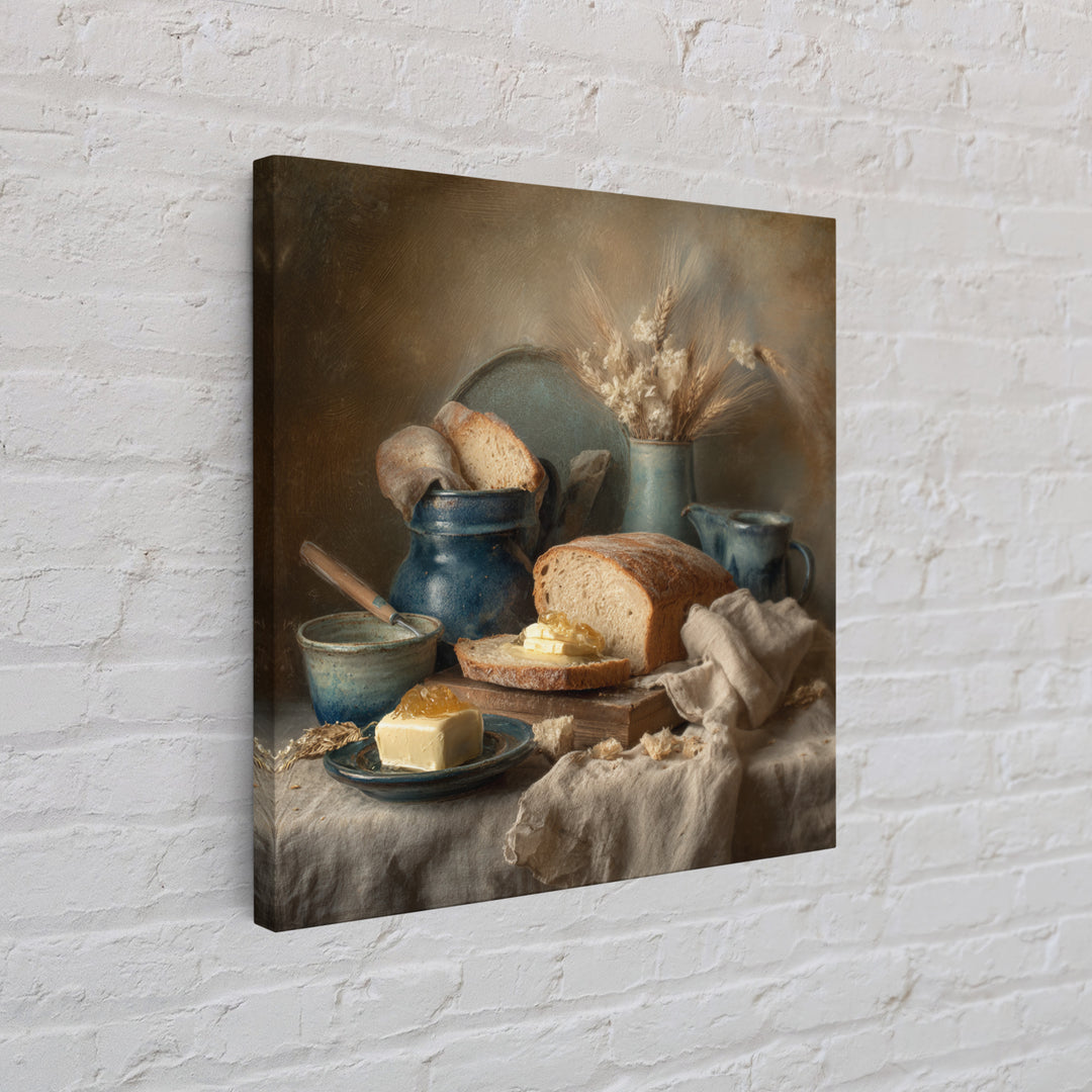Fresh Bread with Butter and Honey Canvas Print, Kitchen Art, Coffee Print, Kitchen Decor, Fine Art, Kitchen, Textured Painting, KIT-1x1-90