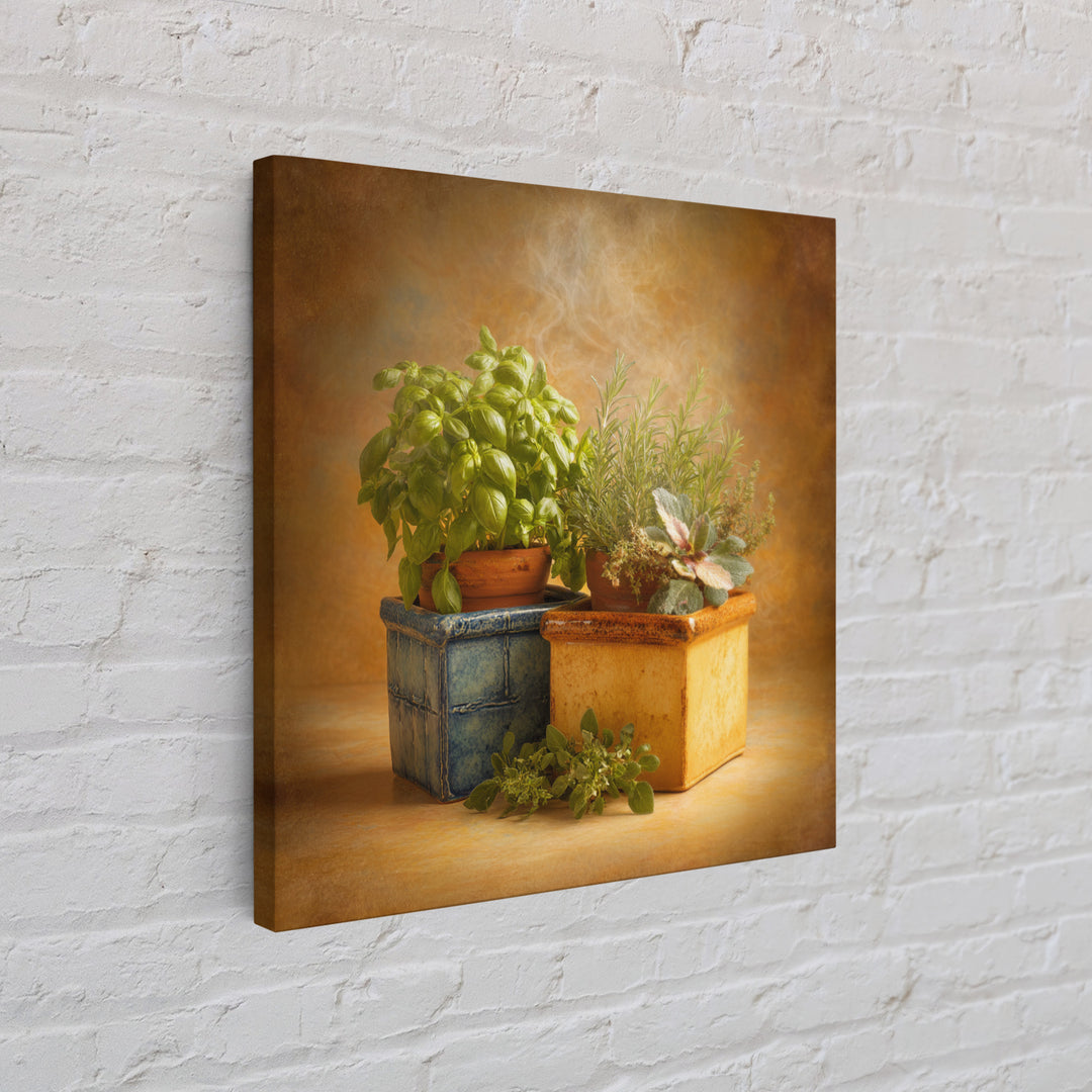 Fresh Herbs in Terracotta Pots Canvas Print, Kitchen Art, Wall Art, Kitchen Decor, Oil Painting, Kitchen, Kitchen Wall Art, KIT-1x1-97