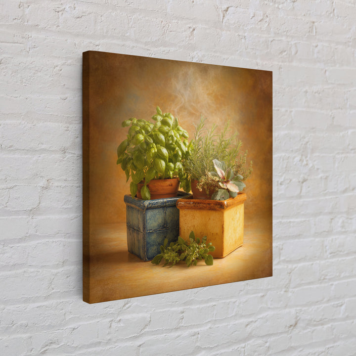 Fresh Herbs in Terracotta Pots Canvas Print, Kitchen Art, Wall Art, Kitchen Decor, Oil Painting, Kitchen, Kitchen Wall Art, KIT-1x1-97