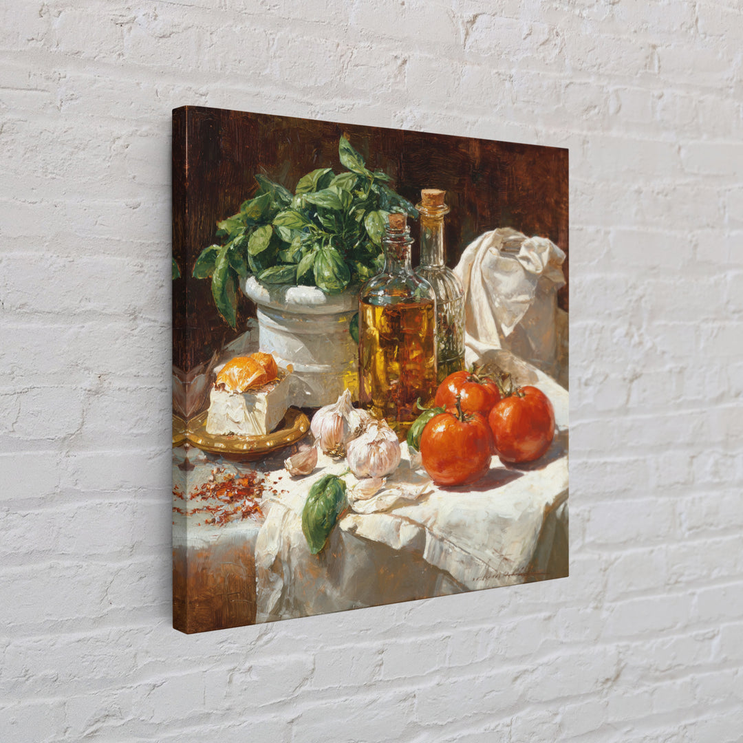 Tomatoes Garlic and Basil on Linen Canvas Print, Kitchen Art, Wall Art, Kitchen Decor, Fine Art, Kitchen, Kitchen Wall Art, KIT-1x1-99