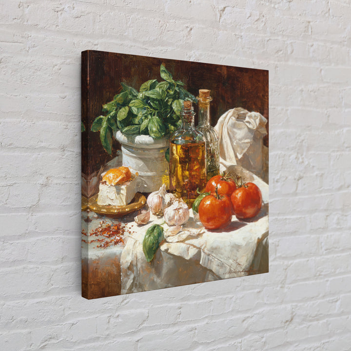Tomatoes Garlic and Basil on Linen Canvas Print, Kitchen Art, Wall Art, Kitchen Decor, Fine Art, Kitchen, Kitchen Wall Art, KIT-1x1-99