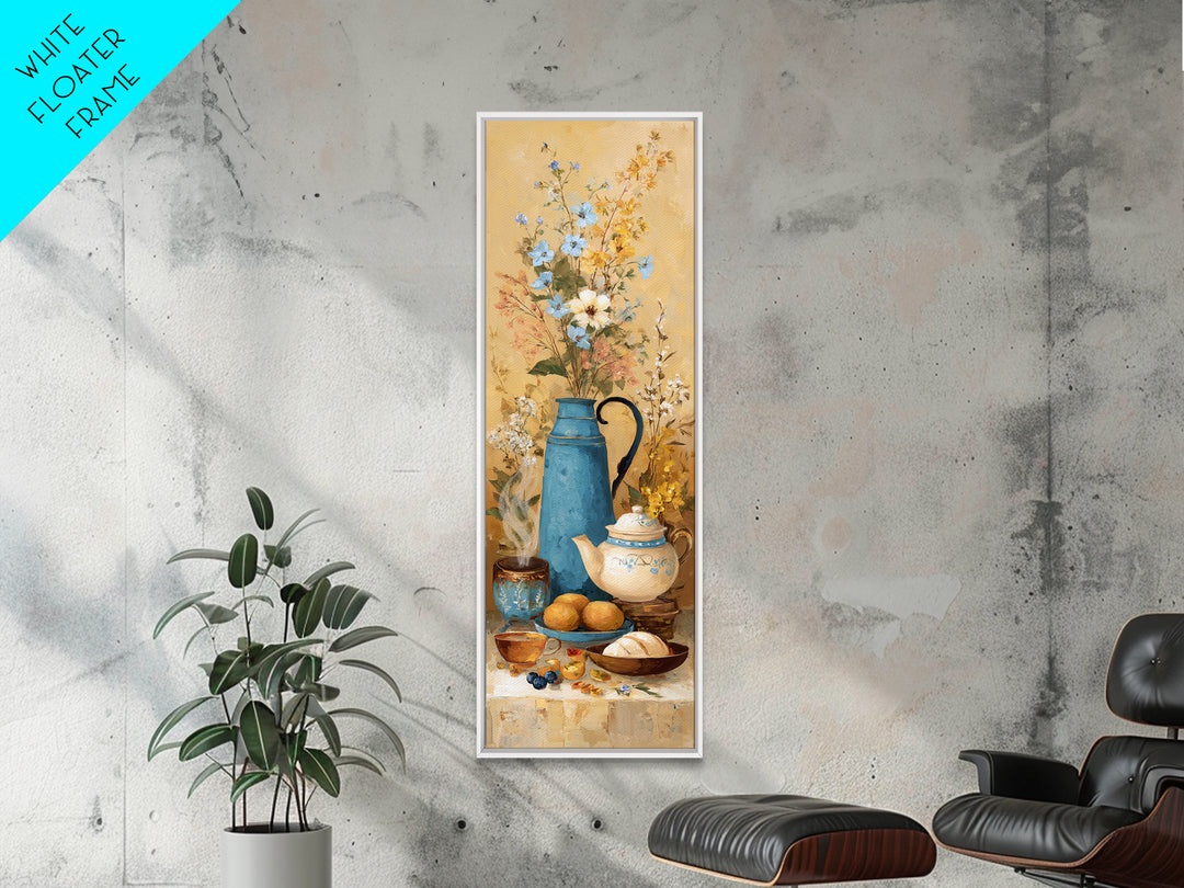 Tea Kettle with Steam and Wildflowers Framed Canvas Print, Kitchen Art, Kitchen Art Print, Kitchen Decor, Watercolor Art, KIT-1x3-50