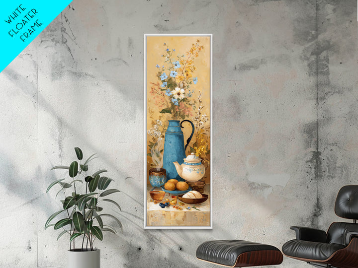 Tea Kettle with Steam and Wildflowers Framed Canvas Print, Kitchen Art, Kitchen Art Print, Kitchen Decor, Watercolor Art, KIT-1x3-50