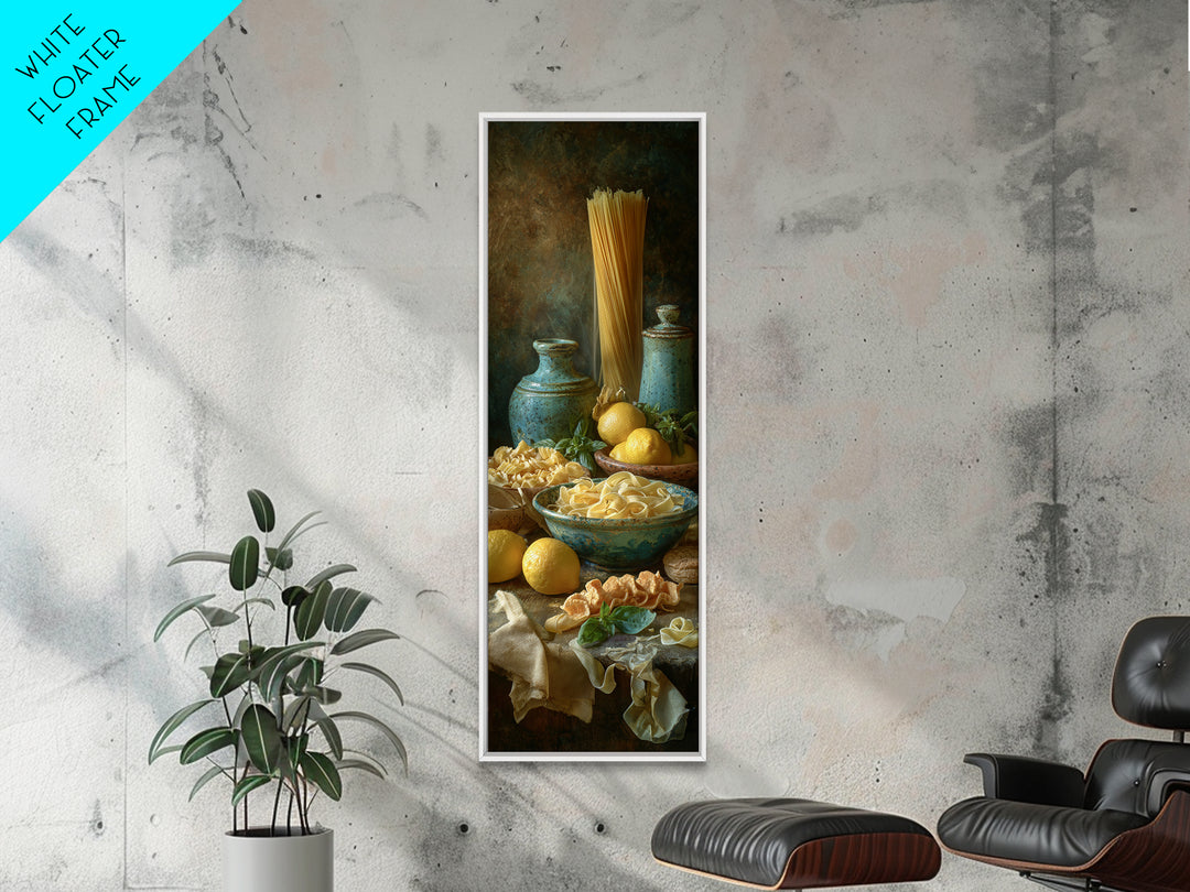 Pasta Lemons and Basil Mediterranean Still Life Framed Canvas Print, Kitchen Art, Modern Decor, Kitchen Decor, Kitchen, KIT-1x3-53