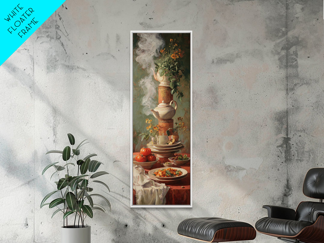 Tea Kettle with Steam and Wildflowers Framed Canvas Print, Kitchen Art, Kitchen Art Print, Kitchen Decor, Watercolor Art, KIT-1x3-74