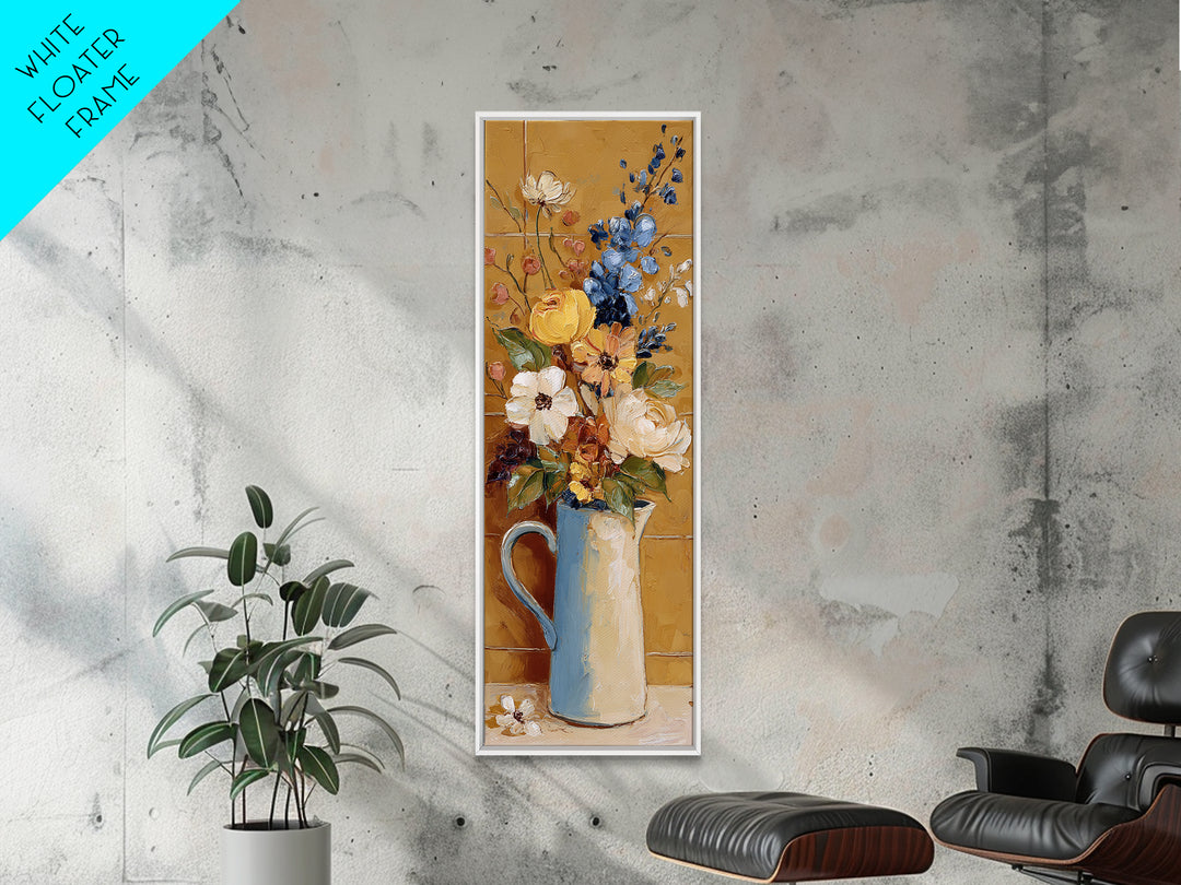 Floral Bouquet in a Kitchen Pitcher Framed Canvas Print, Kitchen Art, Printable Wall Art, Kitchen Decor, Oil Painting, Kitchen, KIT-1x3-84