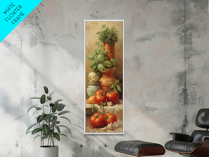 Tomatoes Garlic and Basil on Linen Framed Canvas Print, Kitchen Art, Trendy Wall Art, Kitchen Decor, Abstract Art, Kitchen, KIT-1x3-87