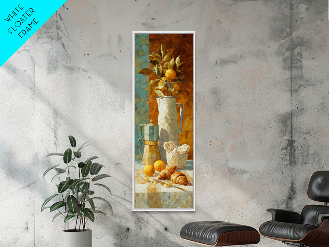 Coffee Pot and Croissant Morning Still Life Framed Canvas Print, Kitchen Art, Dining Room Wall Art, Kitchen Decor, Oil Painting, KIT-1x3-91