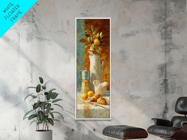 Coffee Pot and Croissant Morning Still Life Framed Canvas Print, Kitchen Art, Dining Room Wall Art, Kitchen Decor, Oil Painting, KIT-1x3-91