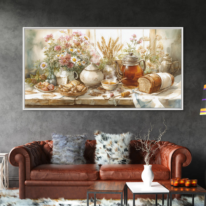 Tea Kettle with Steam and Wildflowers Framed Canvas Print, Kitchen Art, Art Print, Kitchen Decor, Watercolor Art, Kitchen, KIT-2x1-10