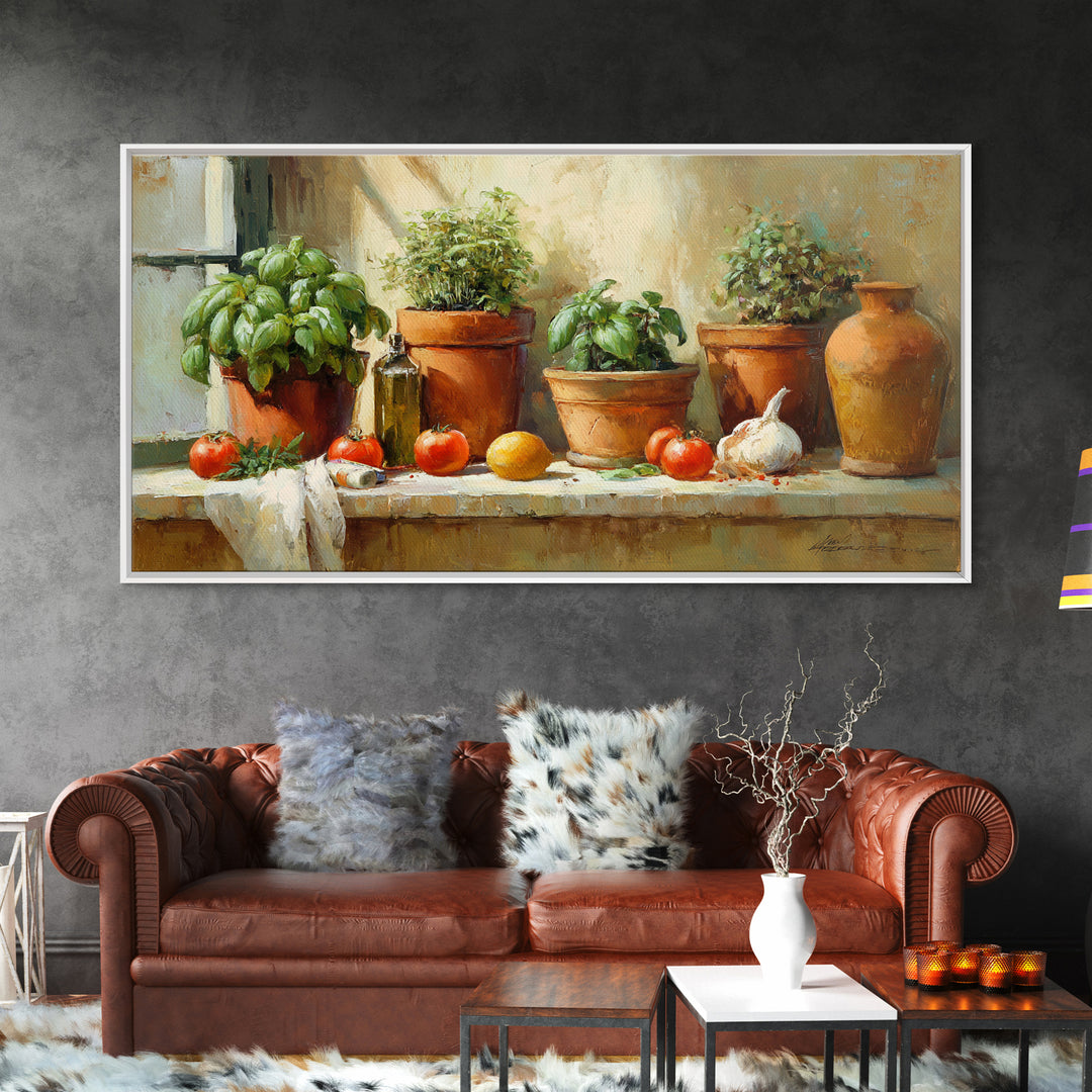 Fresh Herbs in Terracotta Pots Canvas Print, Kitchen Art, Wall Art, Kitchen Decor, Oil Painting, Kitchen, Kitchen Wall Art, KIT-2x1-21