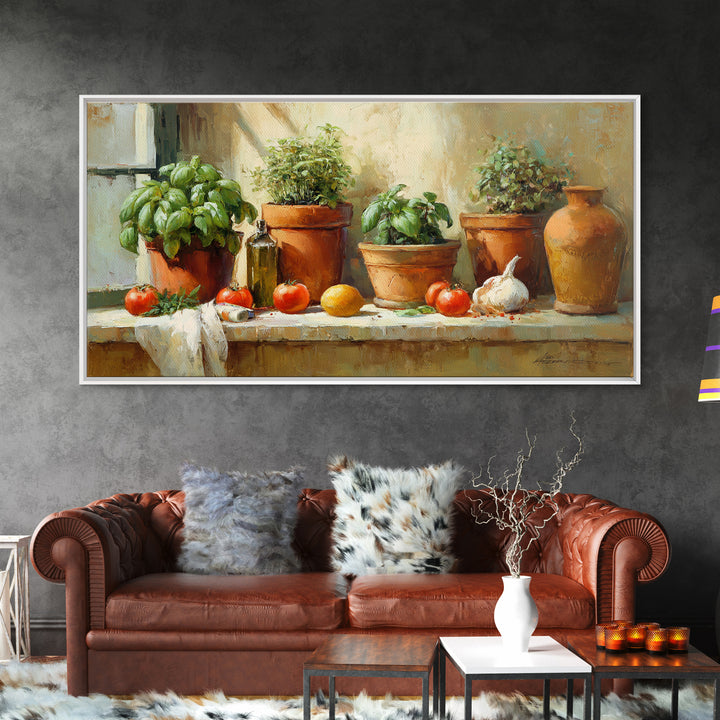 Fresh Herbs in Terracotta Pots Canvas Print, Kitchen Art, Wall Art, Kitchen Decor, Oil Painting, Kitchen, Kitchen Wall Art, KIT-2x1-21
