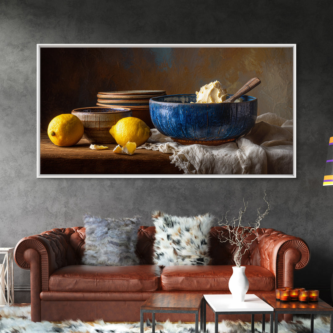 Lemons and Blue Ceramic Bowl Still Life Canvas Print, Kitchen Art, Boho Decor, Kitchen Decor, Fine Art, Kitchen, Wall Decor, KIT-2x1-22