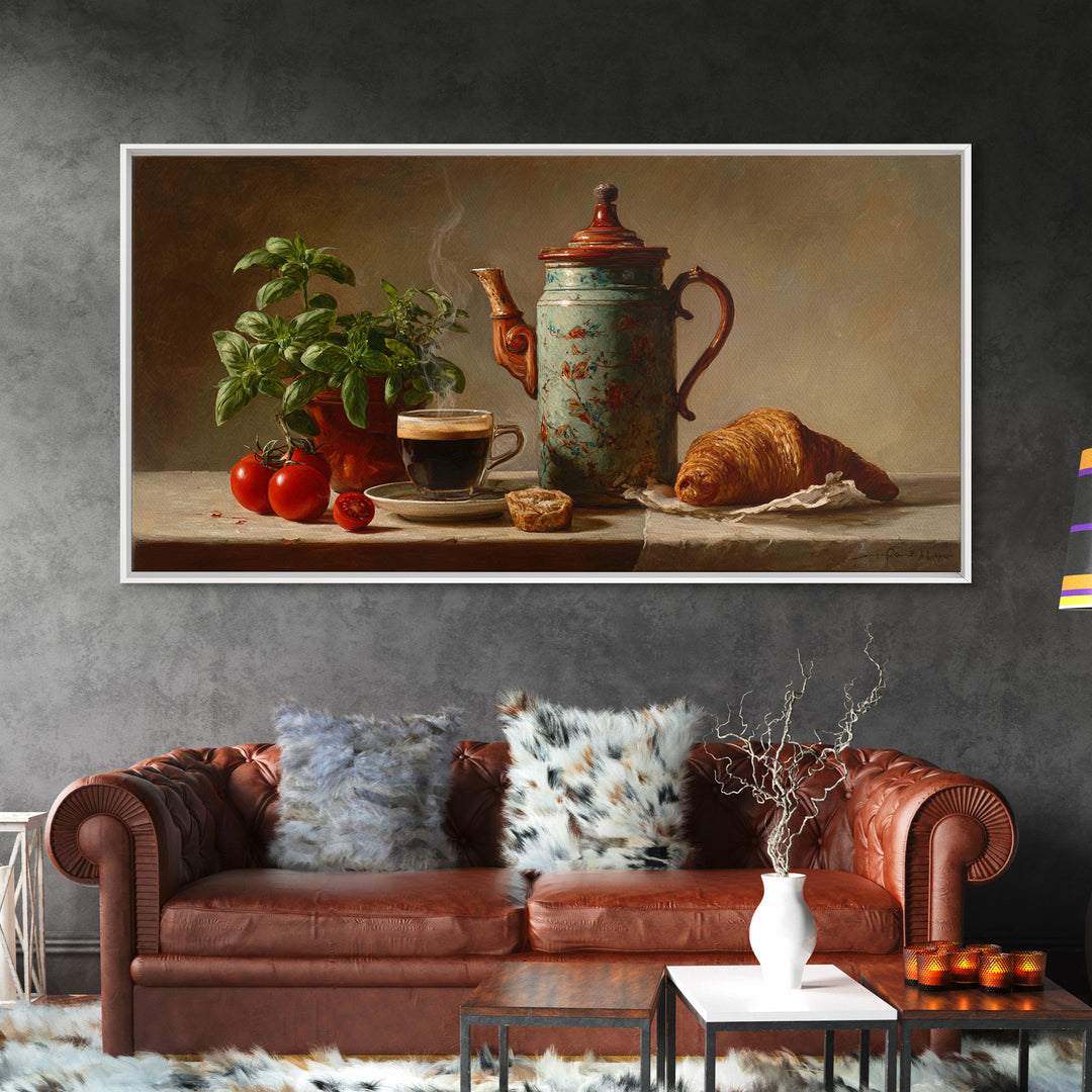 Coffee Pot and Croissant Morning Still Life Framed Canvas Print, Kitchen Art, Fine Art Print, Kitchen Decor, Oil Painting, KIT-2x1-27