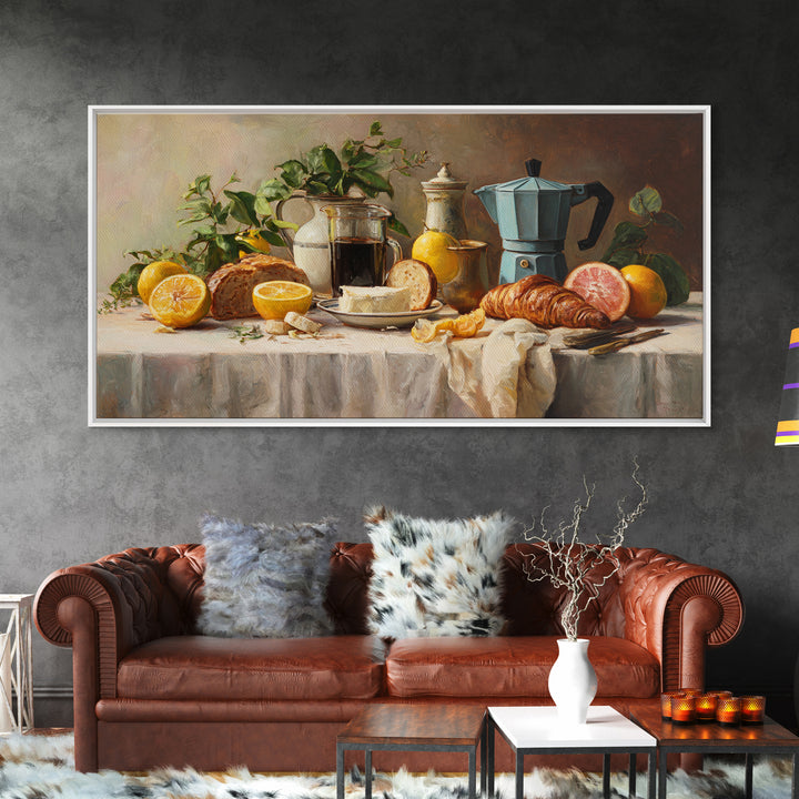 Coffee Pot and Croissant Morning Still Life Framed Canvas Print, Kitchen Art, Art Deco, Kitchen Decor, Fine Art, Kitchen, KIT-2x1-3
