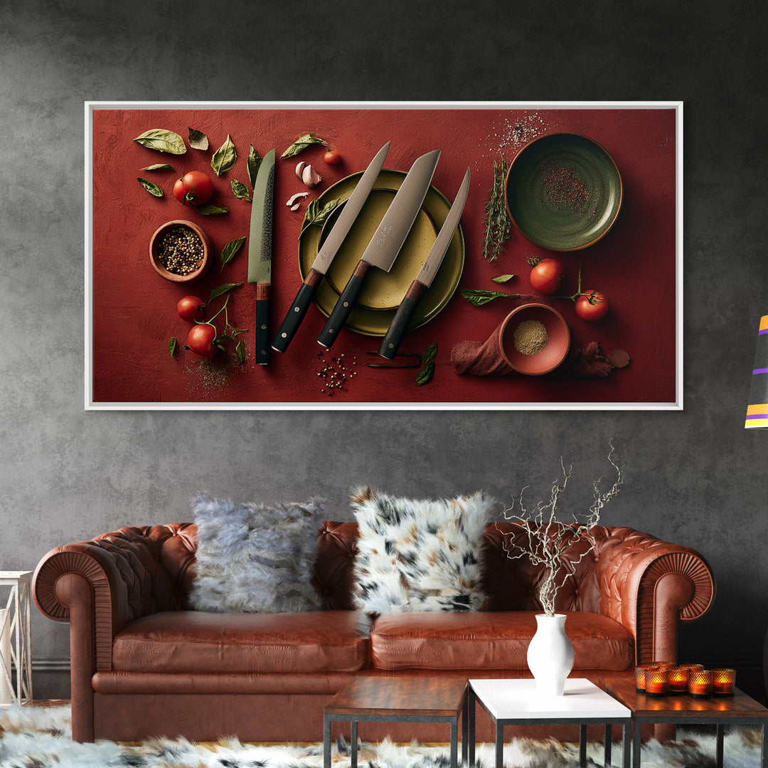 Chef Knives and Herbs Arranged as Graphic Framed Canvas Print, Kitchen Art, Luxury Decor, Kitchen Decor, Fine Art, Kitchen, KIT-2x1-30