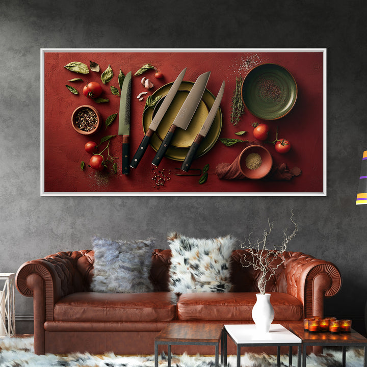 Chef Knives and Herbs Arranged as Graphic Framed Canvas Print, Kitchen Art, Luxury Decor, Kitchen Decor, Fine Art, Kitchen, KIT-2x1-30