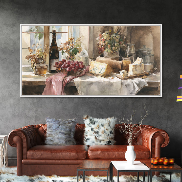 Wine Bottle Grapes and Cheese Still Life Canvas Print, Kitchen Art, Contemporary Art, Kitchen Decor, Oil Painting, Kitchen, KIT-2x1-32