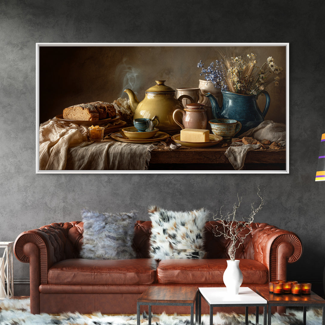 Tea Kettle with Steam and Wildflowers Framed Canvas Print, Kitchen Art, Art Print, Kitchen Decor, Watercolor Art, Kitchen, KIT-2x1-34